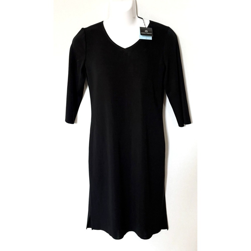 MING WANG Dress Women's S Black V-Neck Wrinkle Resistant 3/4 Sleeve Simple Knit